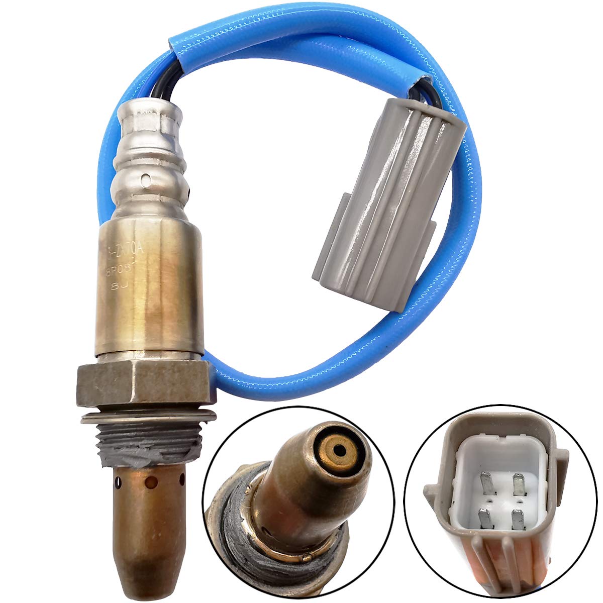 OEM oxygen sensor with blue insulated wire and four-pin gray connector for automotive emissions control