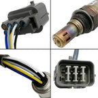 Close-up views of an OEM-quality automotive oxygen sensor with wiring and electrical connectors