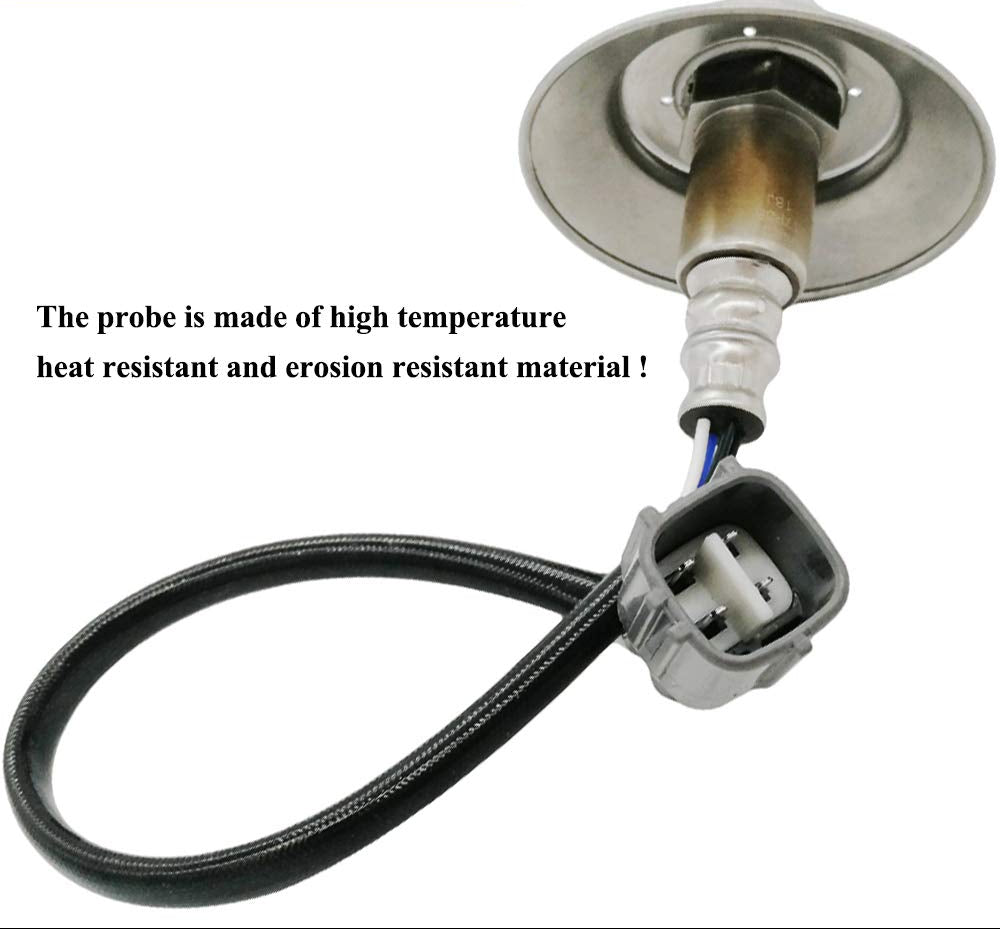 Close-up of a high-temperature oxygen sensor with wiring and heat-resistant materials.