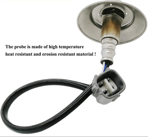 Close-up of a high-temperature oxygen sensor with wiring and heat-resistant materials.