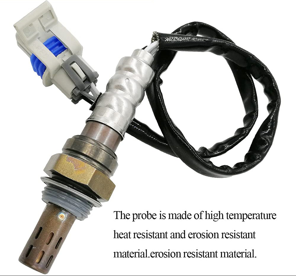 Automotive oxygen sensor with heat and erosion resistant probe and black protective wiring