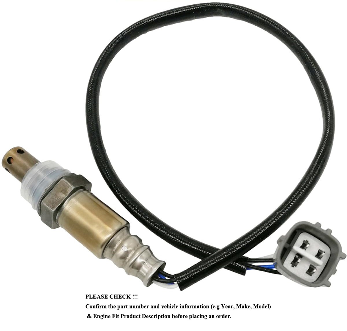 Automotive oxygen sensor with connector and wiring, vehicle engine part on white background