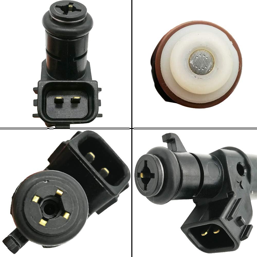 Close-up views of a black automotive fuel injector with electrical connector and nozzle details