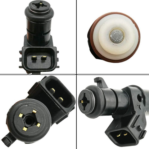 Close-up views of a black automotive fuel injector with electrical connector and nozzle details