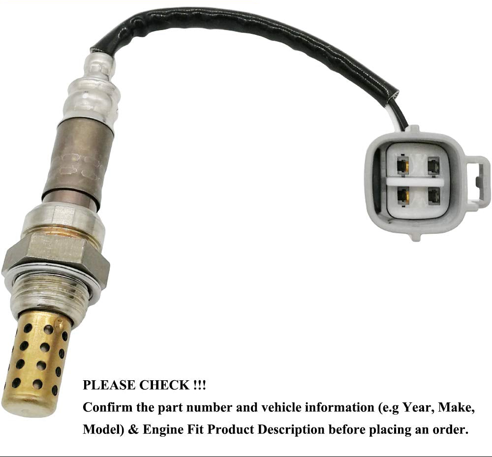 Automotive oxygen sensor with wiring and four-pin connector on white background.