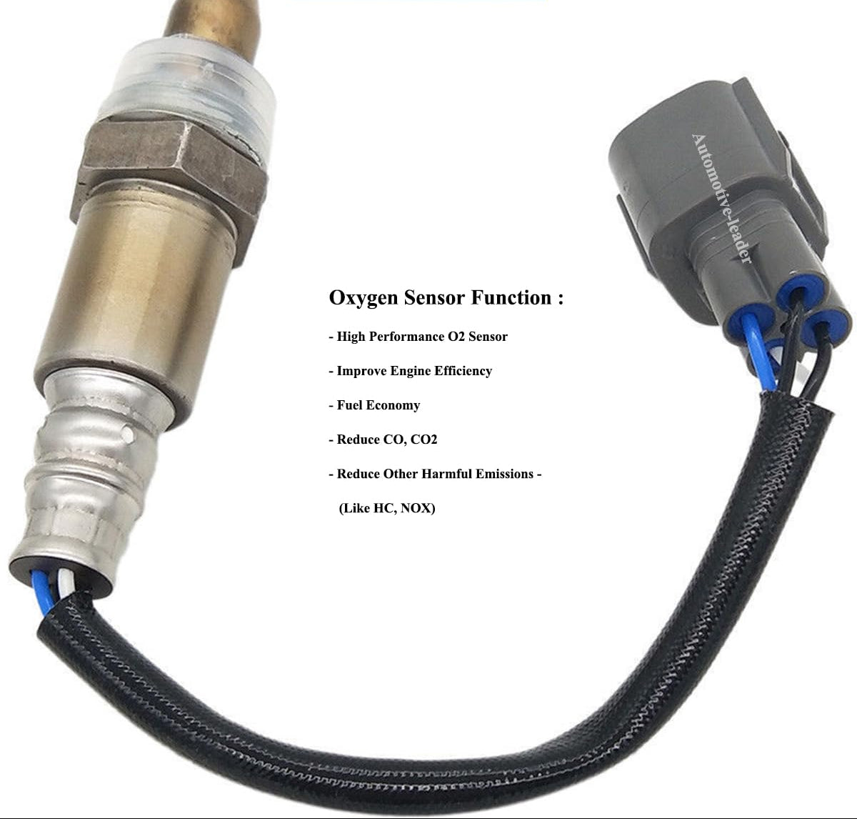 Automotive oxygen sensor with wiring harness and text listing O2 sensor benefits for cars