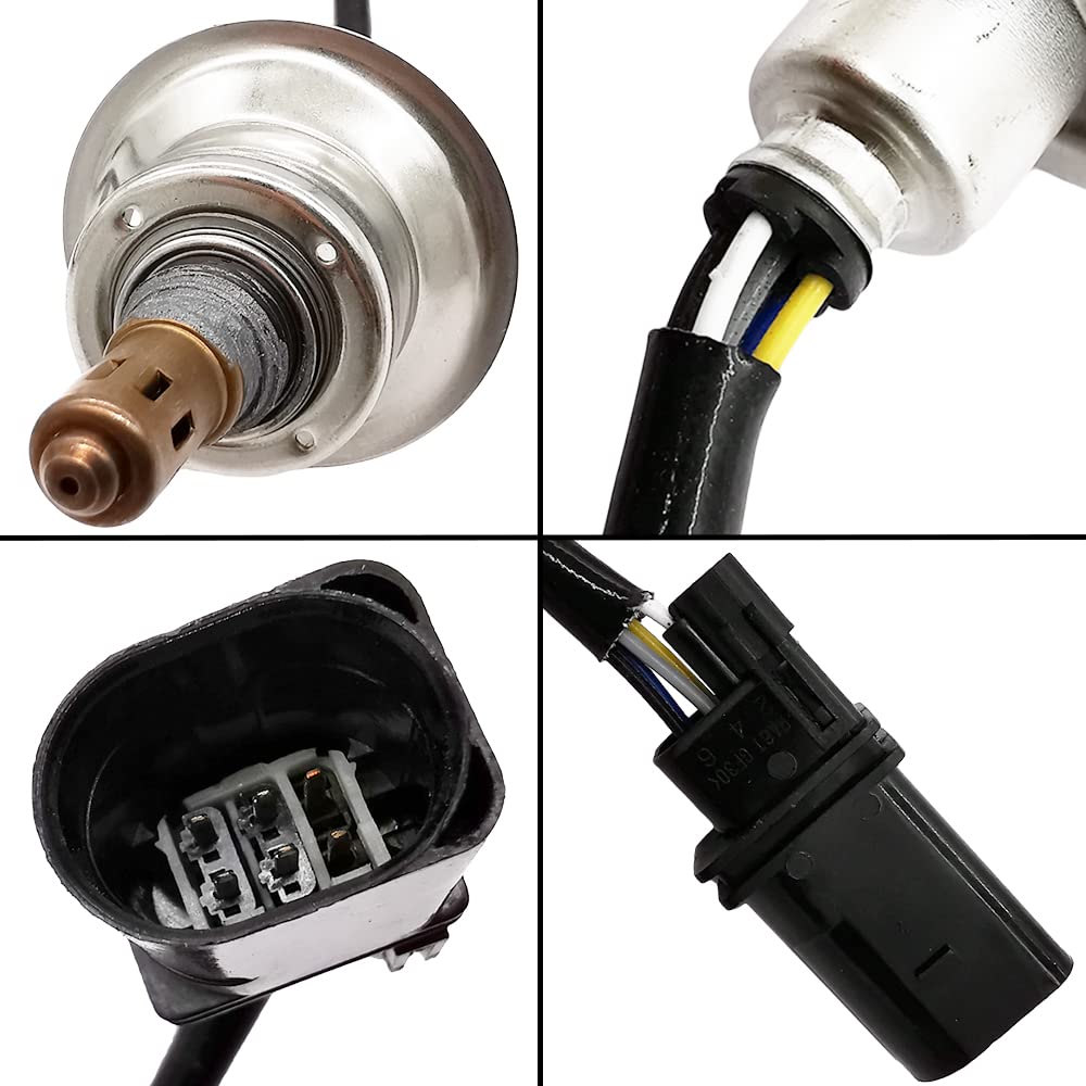 Close-up views of an OEM oxygen sensor with metal body, wiring harness, and black electrical connector for automotive use