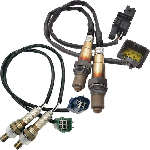Set of four automotive oxygen sensors with wiring harnesses and connector plugs for vehicle emissions control