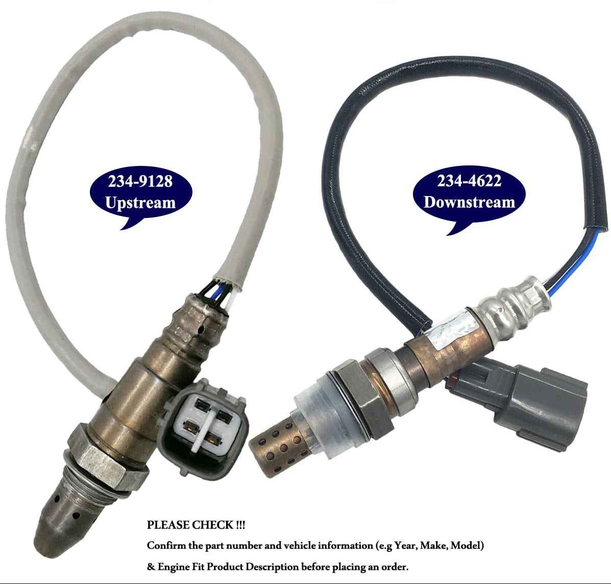 Upstream and downstream OEM oxygen sensors with connectors for automotive exhaust systems