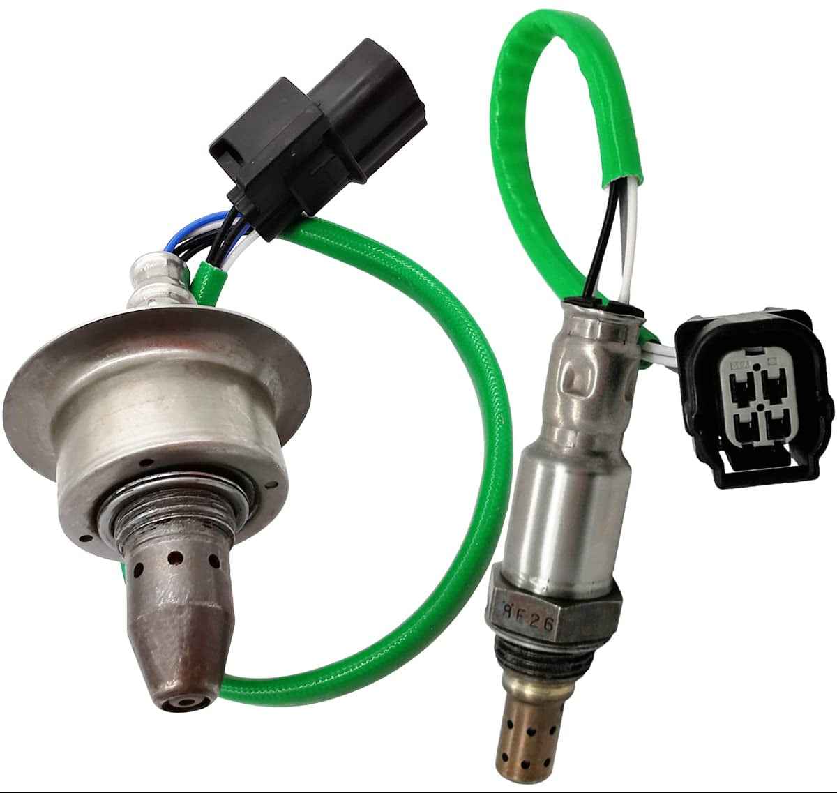 OEM oxygen sensor with green wiring and black connectors for automotive emission control