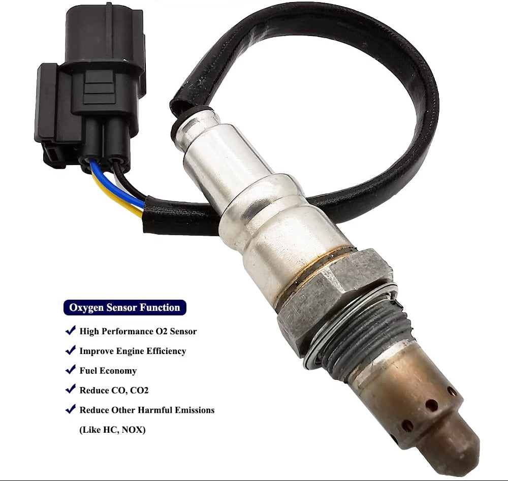 Automotive oxygen sensor with wiring harness, highlights high performance and emissions reduction.