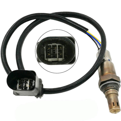 OEM-quality automotive oxygen sensor with wiring harness and close-up of connector pins