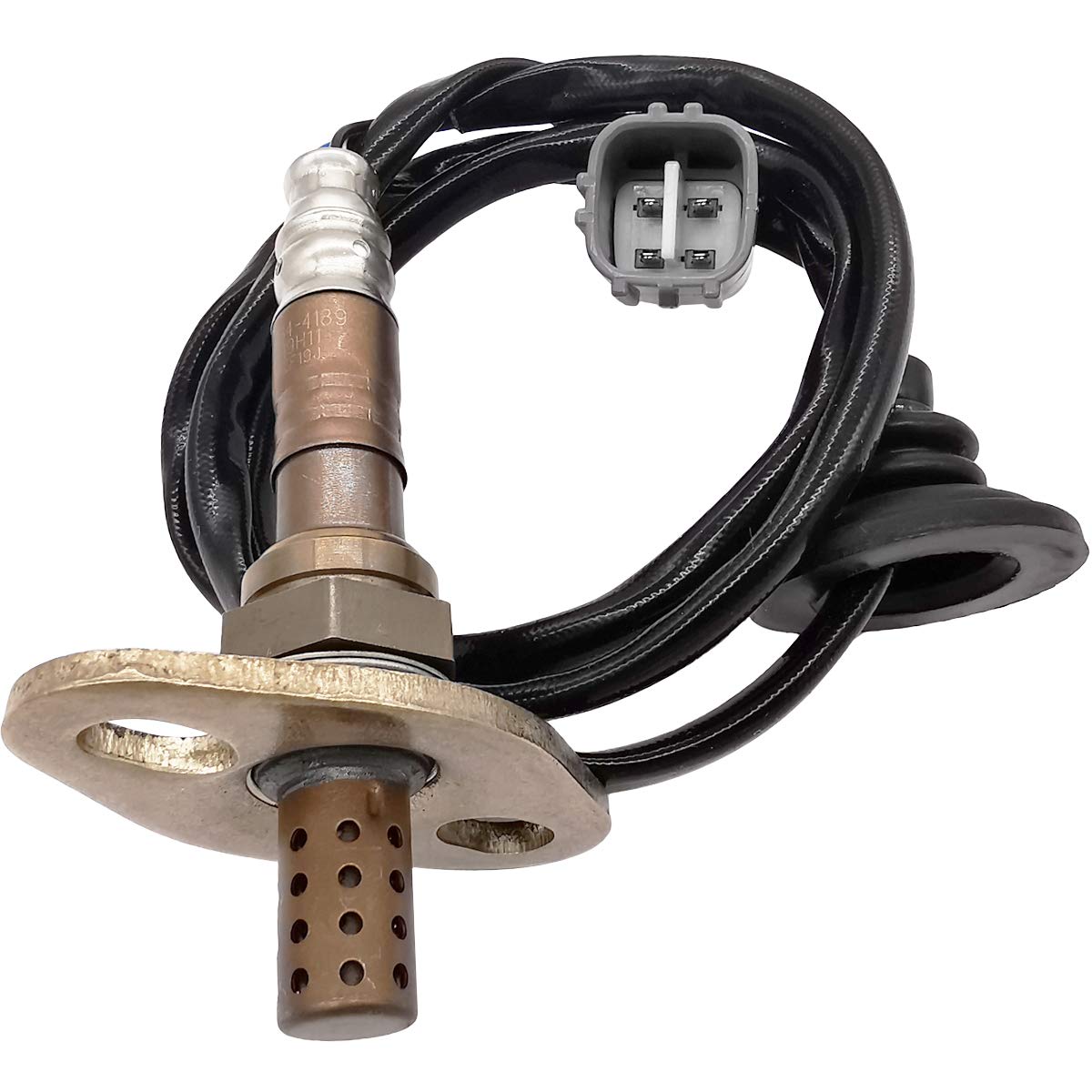 Close-up of automotive oxygen sensor with connector and mounting plate for vehicle exhaust system