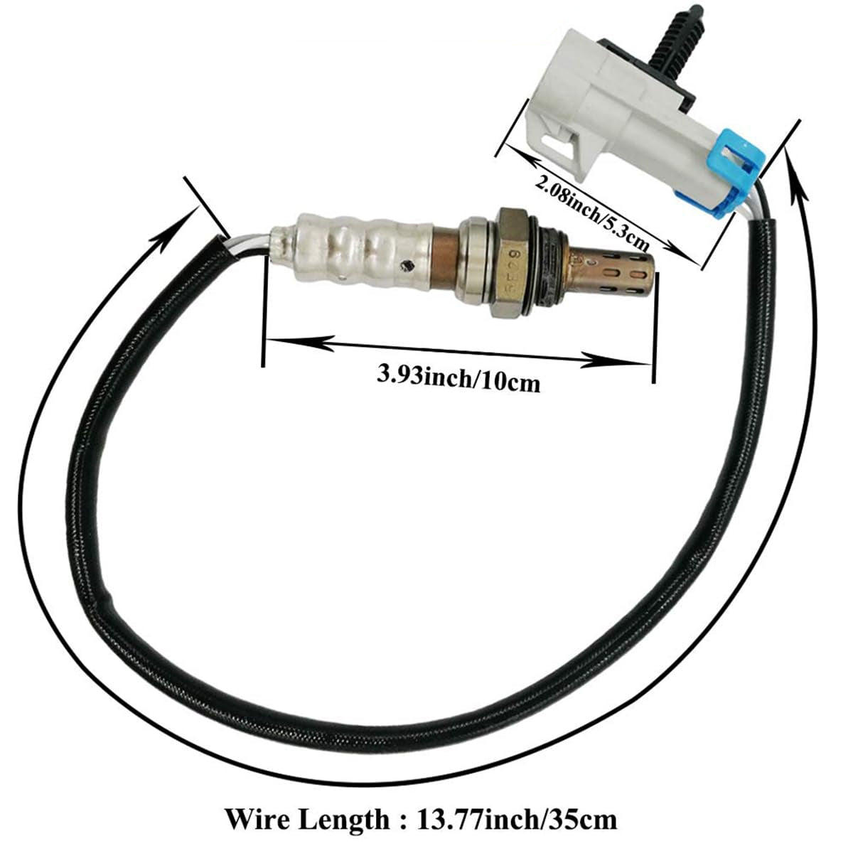 Car oxygen sensor with black wire 13.77 inch long, sensor length 3.93 inch, connector 2.08 inch
