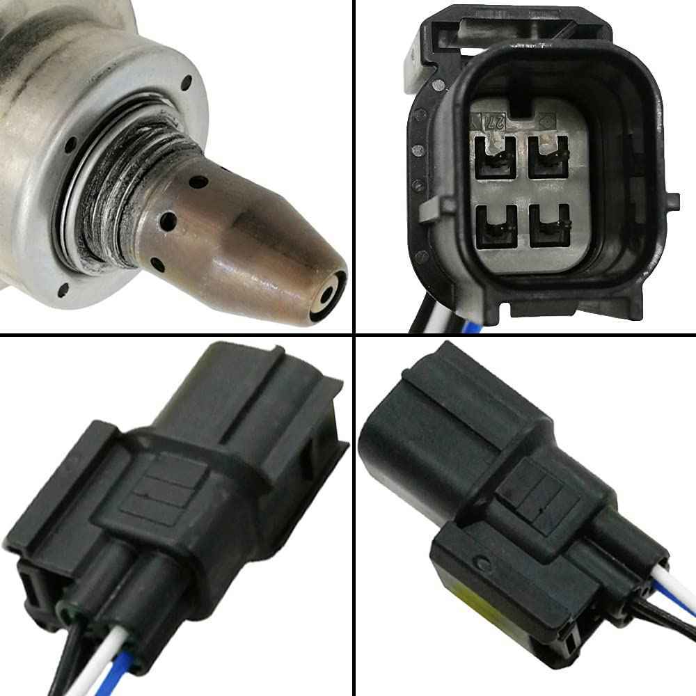Close-up views of automotive oxygen sensor tip and black electrical connector with wiring plug