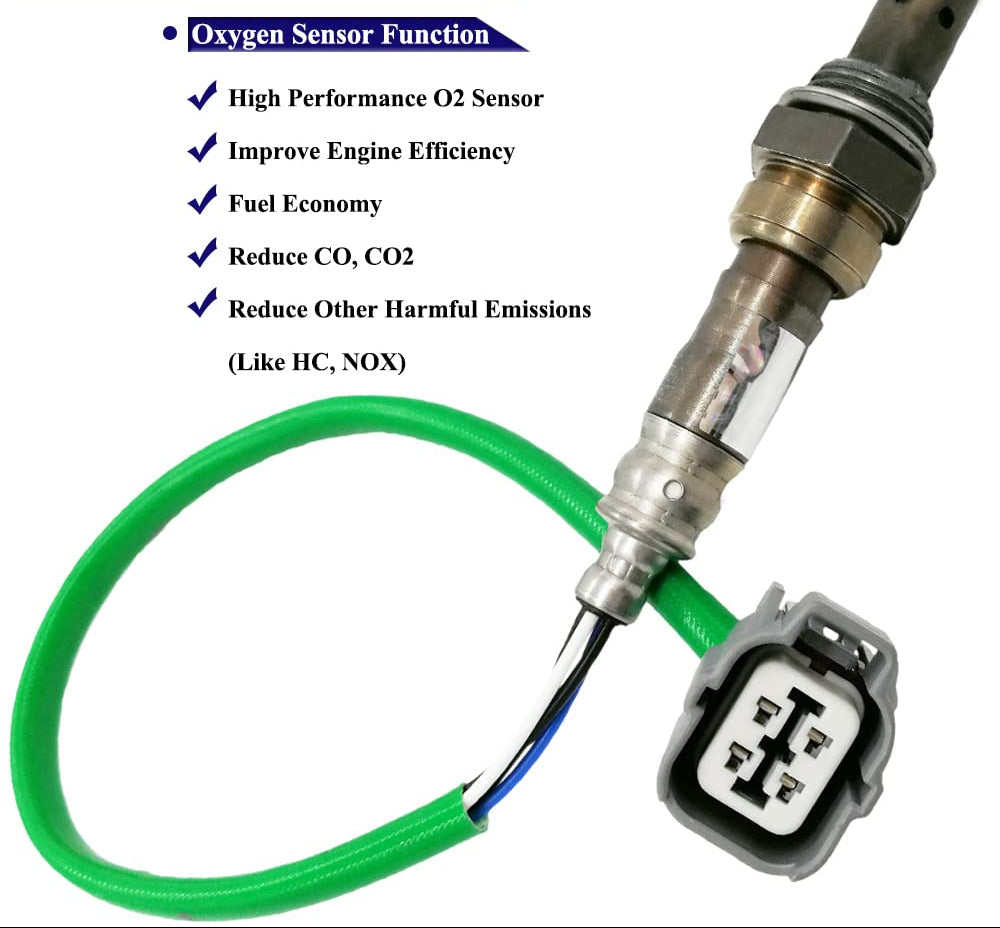 Automotive oxygen sensor with green wire and connector, highlighting O2 sensor benefits.