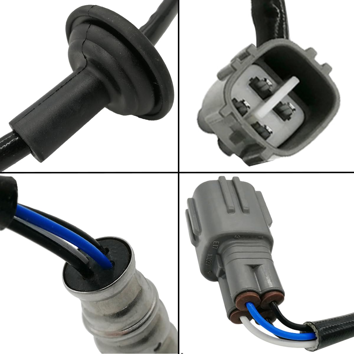 Close-up collage of automotive oxygen sensor connectors and wiring for vehicles.