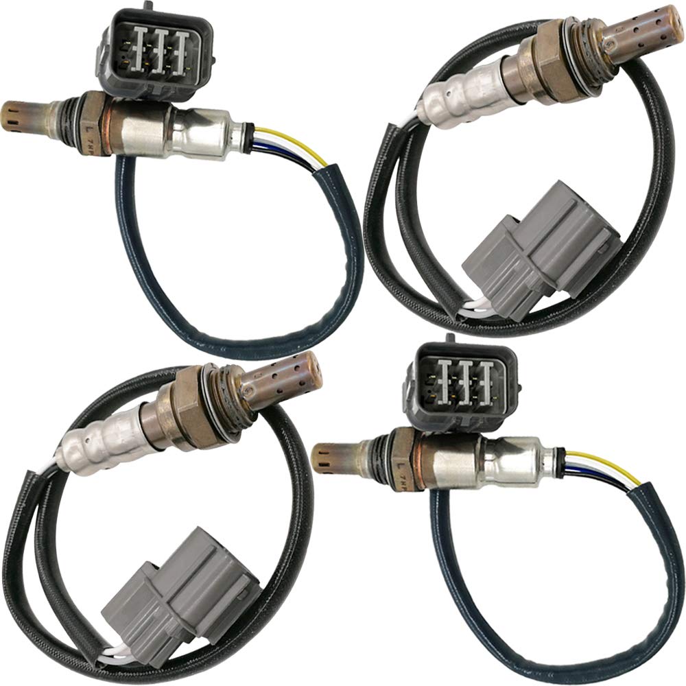 Set of four OEM automotive oxygen sensors with electrical connectors and protective wiring