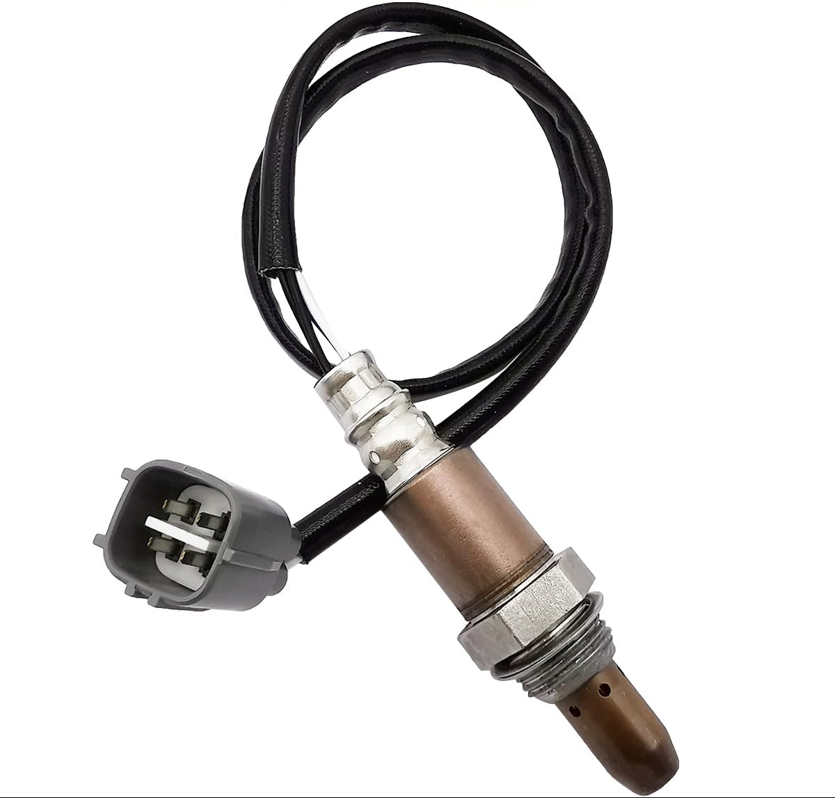 Close-up of an automotive oxygen sensor with wiring and electrical connector on white background