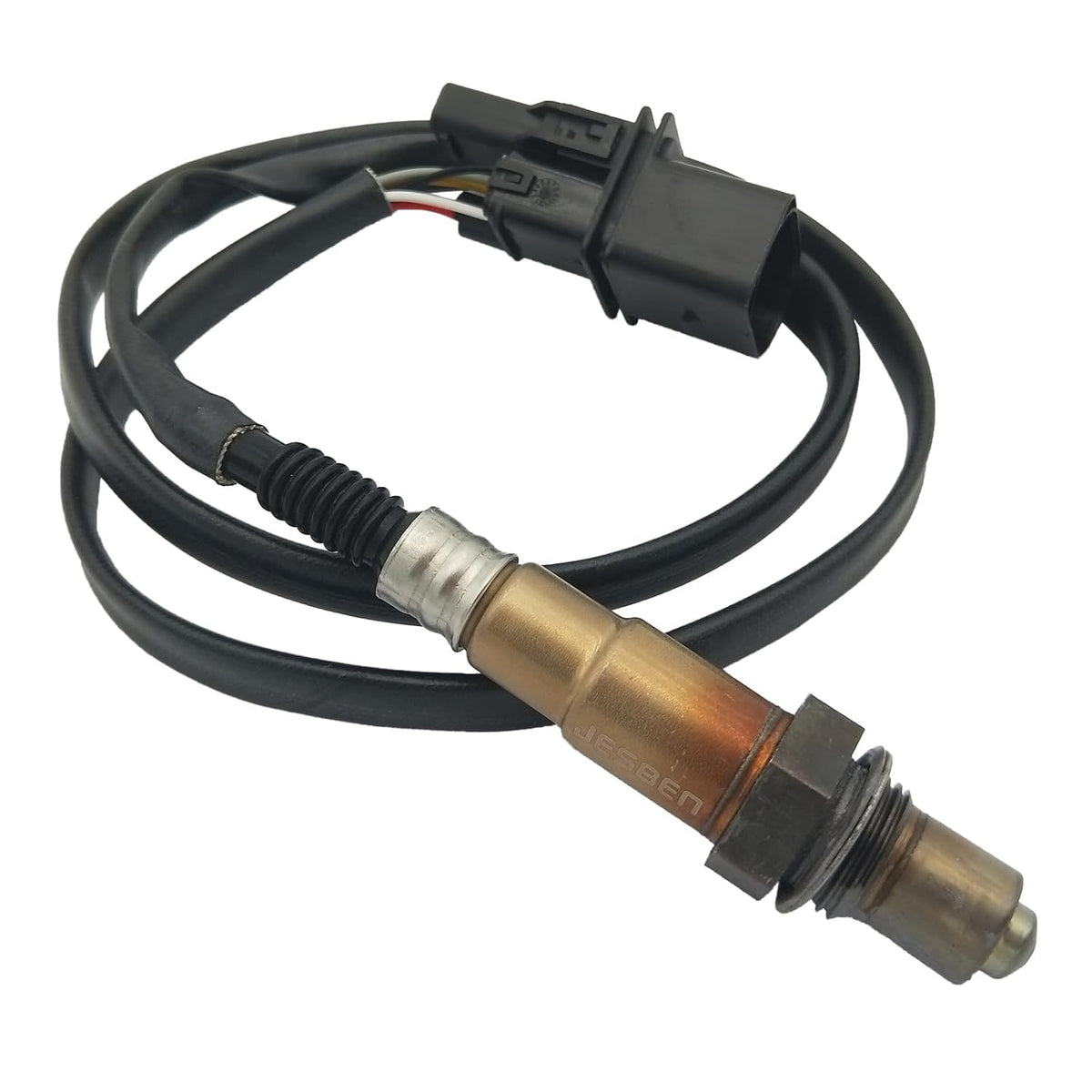 OEM automotive oxygen sensor with black wiring harness and connector for vehicle exhaust monitoring