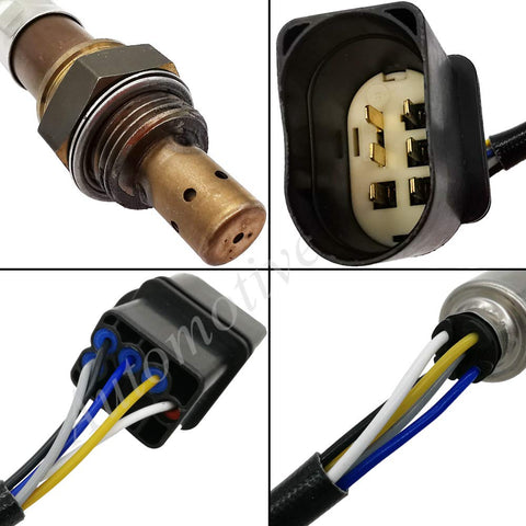 Close-up views of an automotive oxygen sensor with wire connector and wiring harness for vehicle emission control