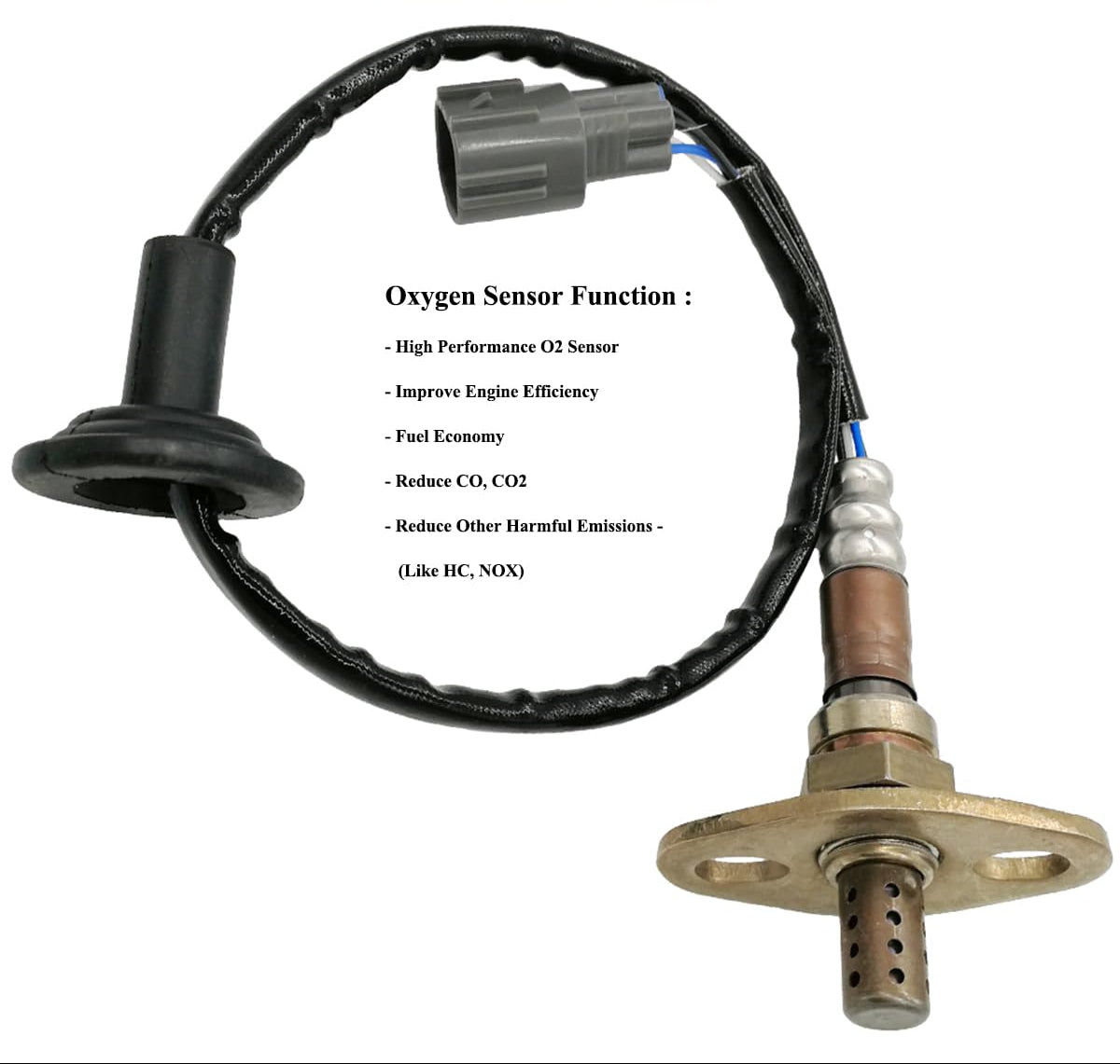 Automotive oxygen sensor with wiring harness and a list of sensor functions on white background