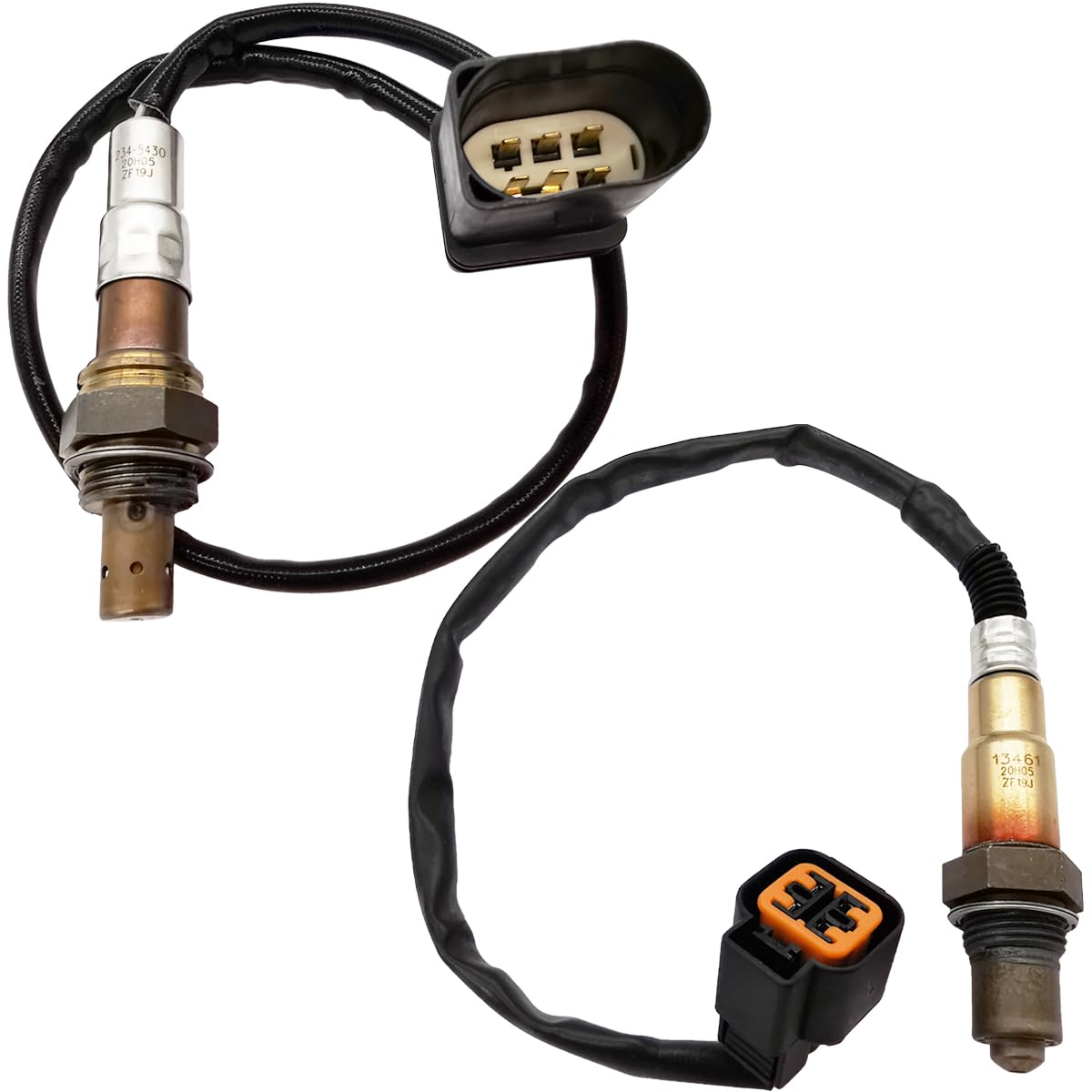 Pair of OEM-quality automotive oxygen sensors with wiring and connectors on white background