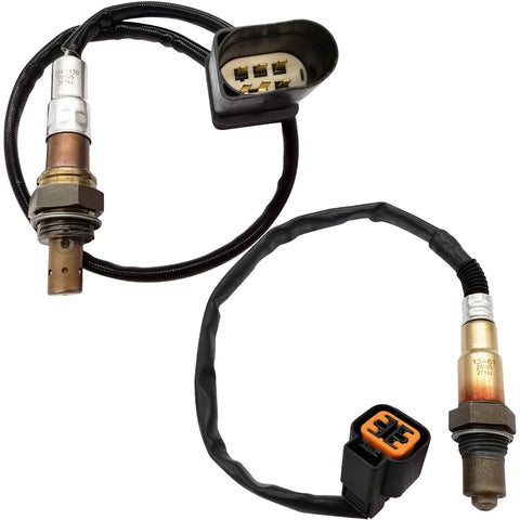 Pair of OEM-quality automotive oxygen sensors with wiring and connectors on white background