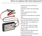 Injector tester device with red and black cables alongside step-by-step fuel injector replacement instructions