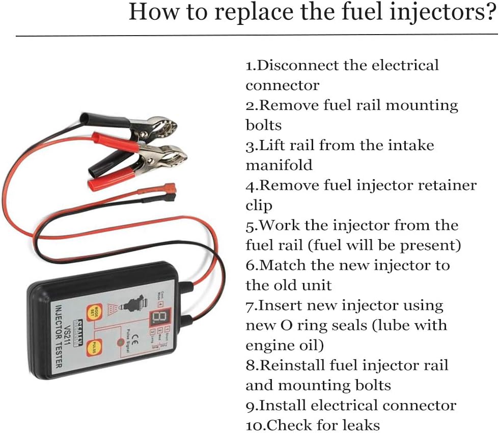 Injector tester device with red and black cables alongside step-by-step fuel injector replacement instructions