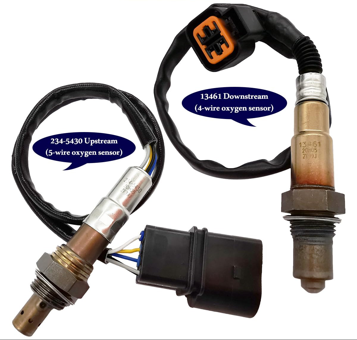 Upstream 5-wire and downstream 4-wire oxygen sensors with wiring connectors for automotive exhaust systems