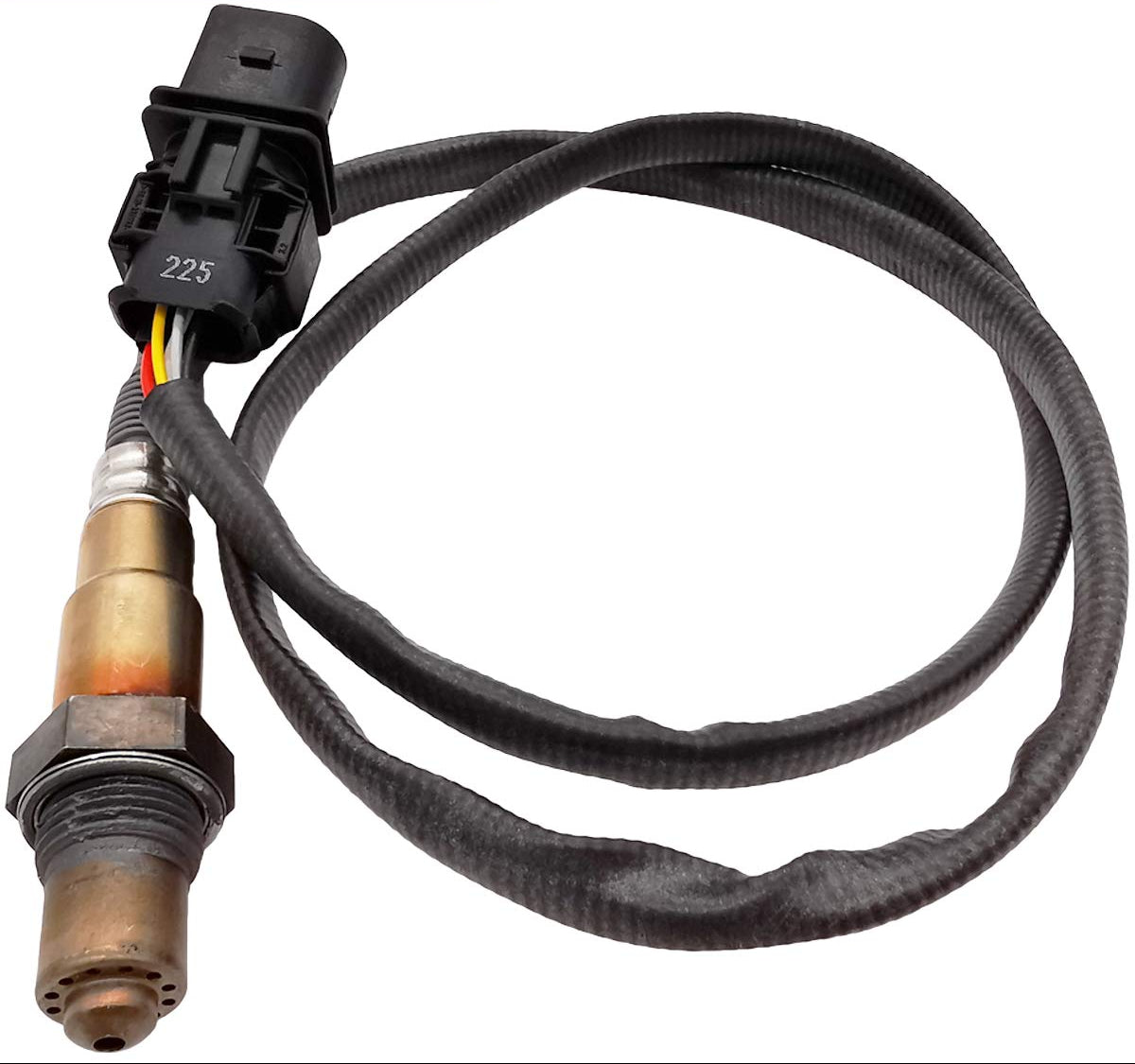 Automotive oxygen sensor with black connector and wiring harness on white background