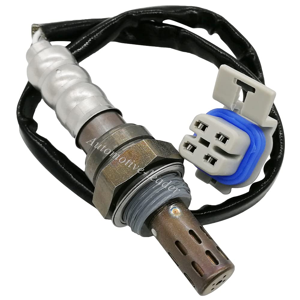 OEM oxygen sensor with metal body, hex nut, black wiring, and white blue electrical connector for vehicles