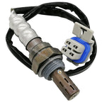 OEM oxygen sensor with metal body, hex nut, black wiring, and white blue electrical connector for vehicles