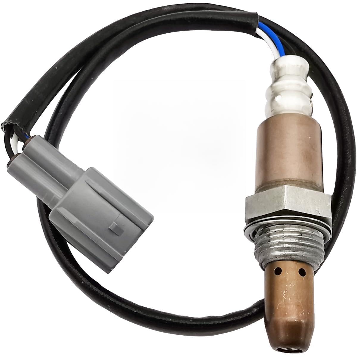 Automotive oxygen sensor with wiring harness and connector for vehicle exhaust system