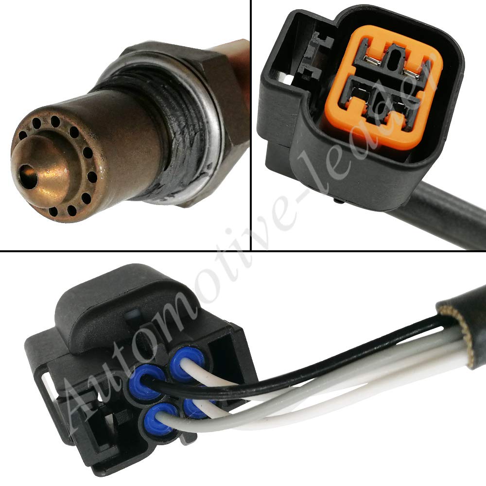 Close-up of automotive oxygen sensor with connectors and wiring harness showing detailed views