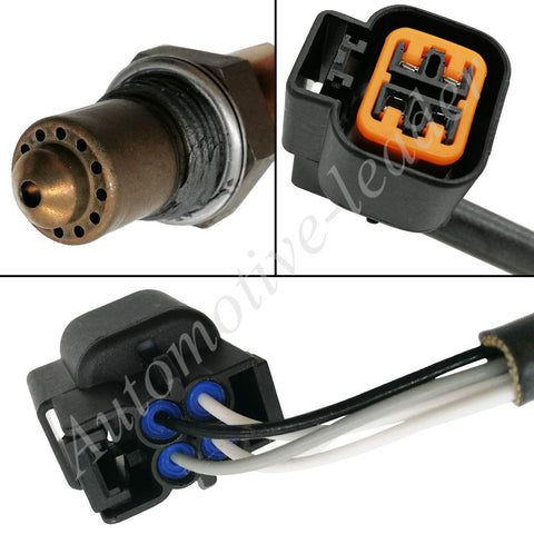 Close-up of automotive oxygen sensor with connectors and wiring harness showing detailed views