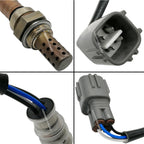 Close-up views of an OEM automotive oxygen sensor with metal housing, wiring, and gray electrical connector