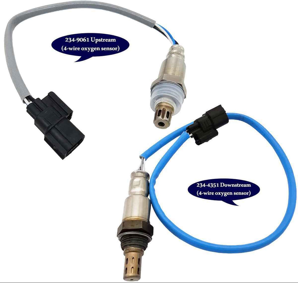 Upstream and downstream 4-wire oxygen sensors with connectors, labeled 234-9061 and 234-4351 for automotive use