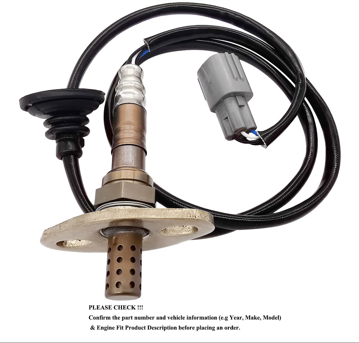 Automotive oxygen sensor with wiring and connector on white background