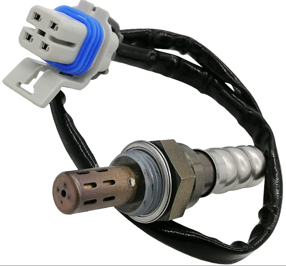 Close-up of an automotive oxygen sensor with metal hex nut and black wiring harness with blue connector