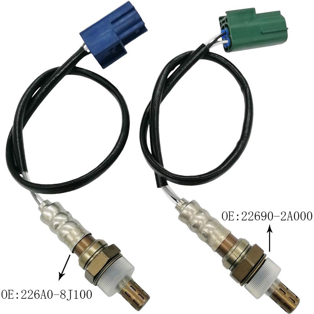 OEM-quality automotive oxygen sensors with blue and green connectors, labeled OE 226A0-8J100 and OE 22690-2A000