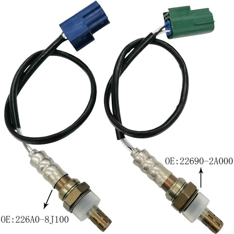 OEM-quality automotive oxygen sensors with blue and green connectors, labeled OE 226A0-8J100 and OE 22690-2A000