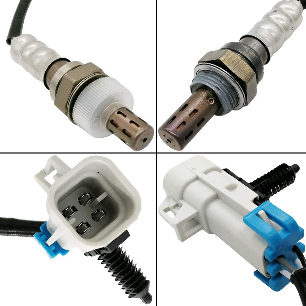 Close-up views of an OEM oxygen sensor with four-pin white and blue electrical connector for automotive use
