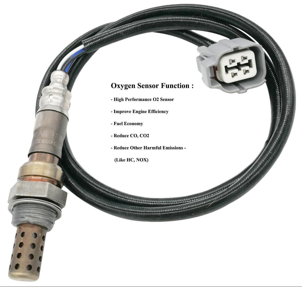 Automotive oxygen sensor with attached wiring and connector, emission control part.