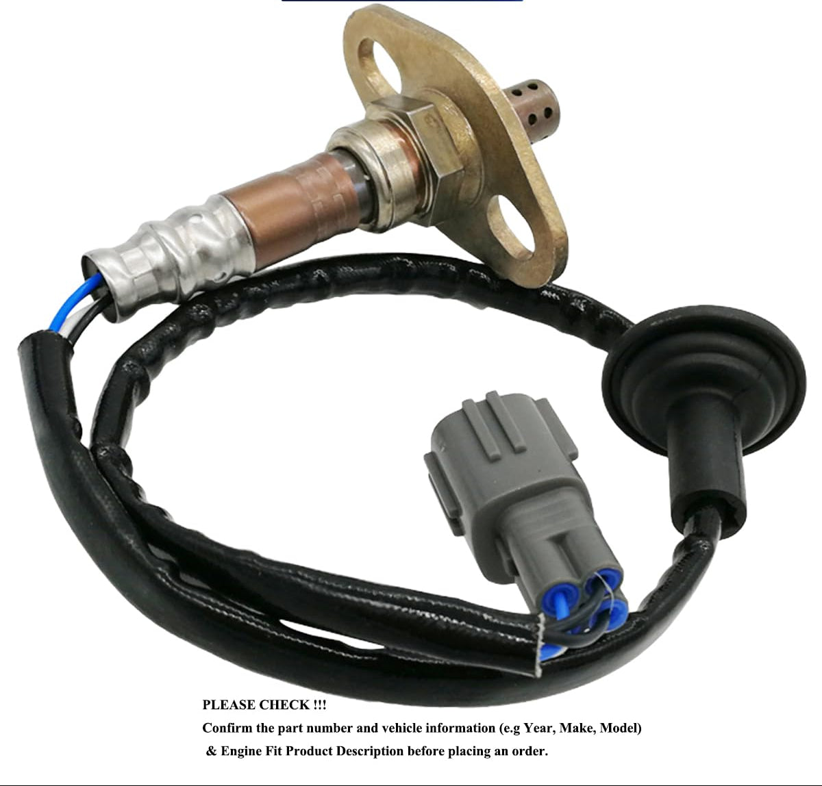 Automotive oxygen sensor with wire harness and connector on white background