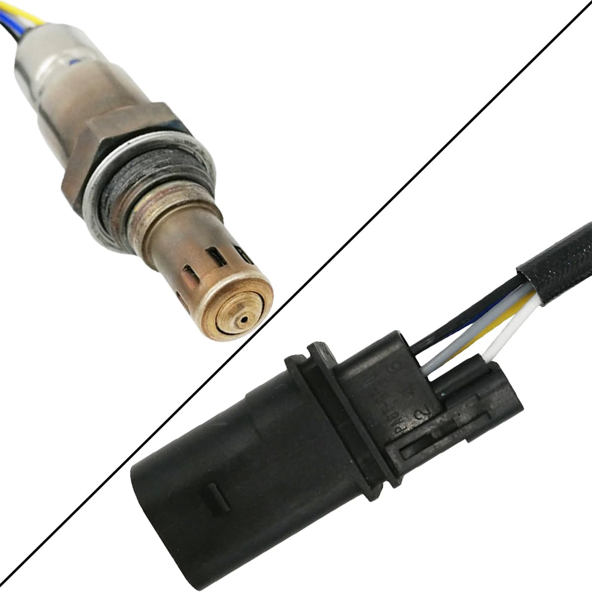 OEM oxygen sensor with metal sensor tip and black electrical connector with wiring