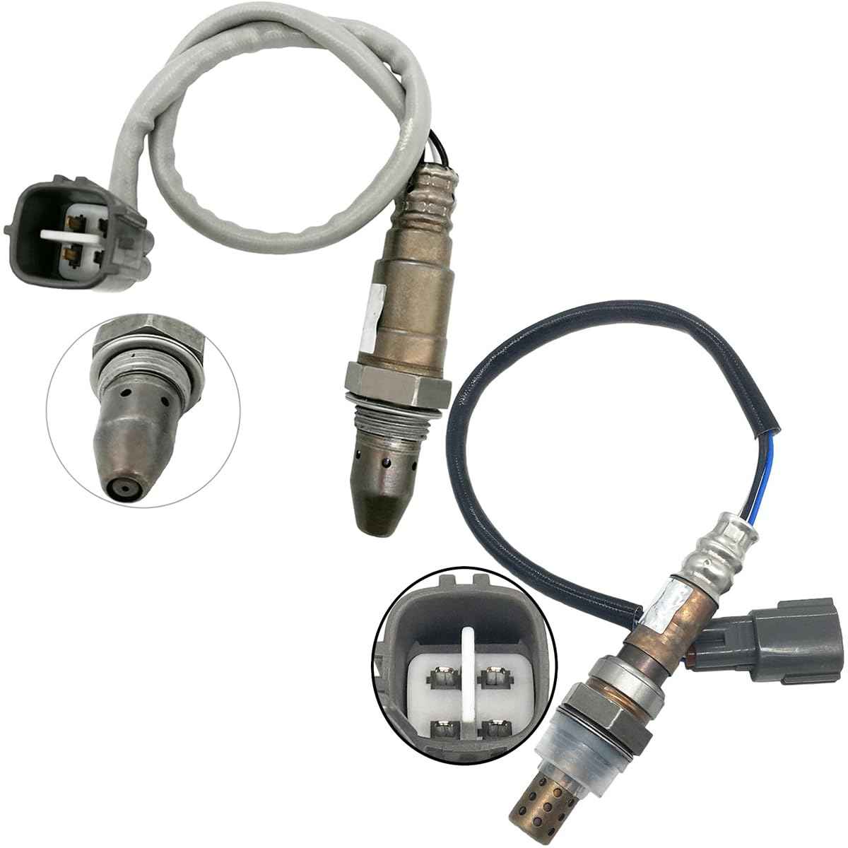 Two automotive oxygen sensors with wiring harnesses and close-up views of sensor tips and connectors