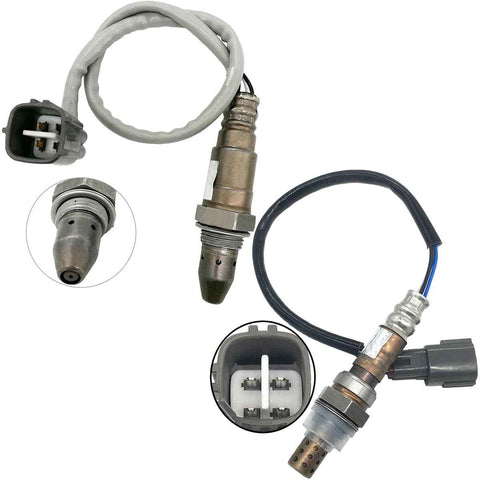 Two automotive oxygen sensors with wiring harnesses and close-up views of sensor tips and connectors