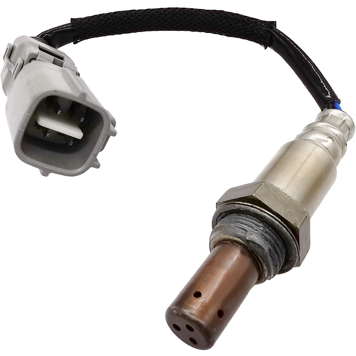 Close-up of automotive oxygen sensor with wiring connector, vehicle engine part